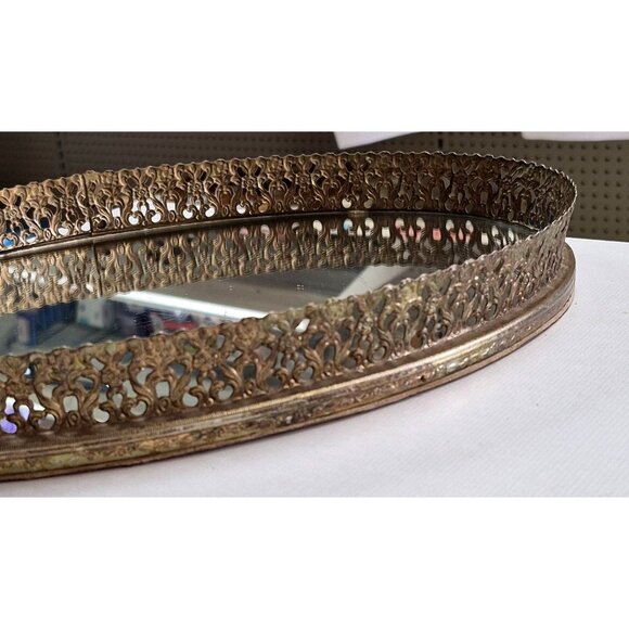 Vintage Ornate Brass Oval Vanity Tray With Mirror - Picture 1 of 9